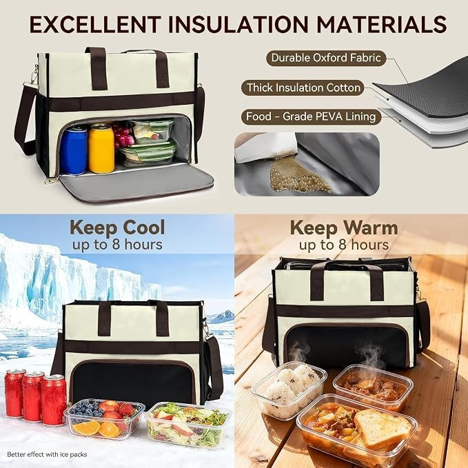 The insulated lunch bag features a durable oxford fabric and a thick insulation cotton lining, shown with various food containers inside. The graphic also highlights the bag's ability to keep contents cool for up to 8 hours and warm for the same duration, with visual comparisons to ice and steaming food.