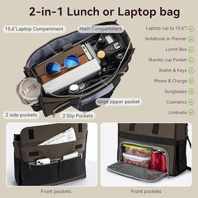 Illustration showing the interior and exterior compartments of a 2-in-1 lunch or laptop bag. The top section displays a laptop compartment and various items including sunglasses, a lunch box, and a large zipper pocket, while the lower section highlights front pockets containing a planner and drinks, emphasizing organization features.