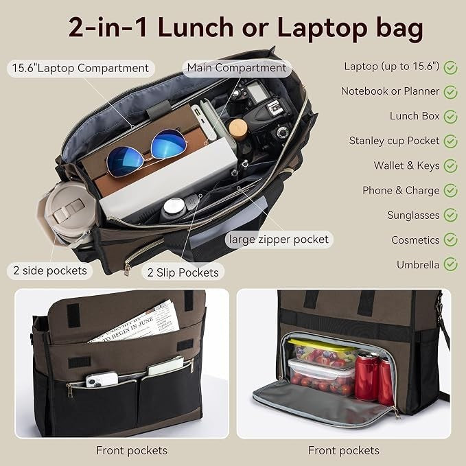 Illustration showing the interior and exterior compartments of a 2-in-1 lunch or laptop bag. The top section displays a laptop compartment and various items including sunglasses, a lunch box, and a large zipper pocket, while the lower section highlights front pockets containing a planner and drinks, emphasizing organization features.