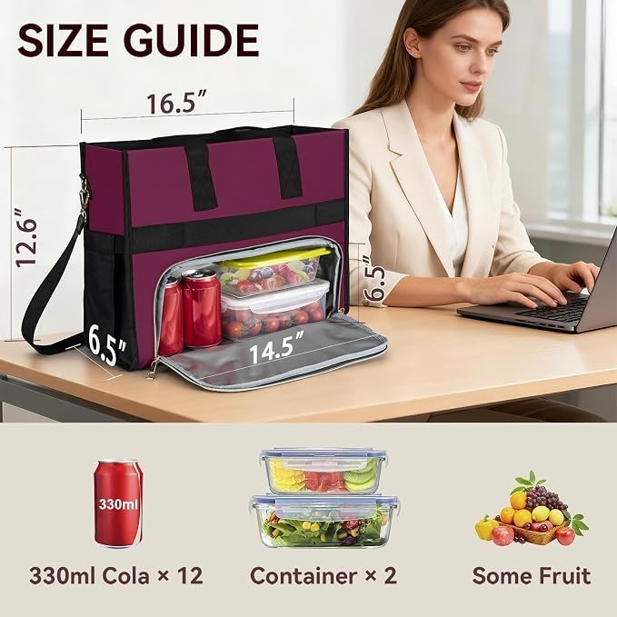 The insulated lunch bag features a deep maroon front with a black base and holds various food containers, including drinks and fruit, showcasing its spacious interior. A woman in professional attire is working on a laptop at a table beside the bag, which has dimensions labeled for reference.
