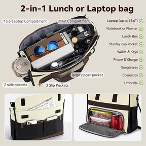The interior of the insulated lunch bag features a 15.6" laptop compartment, multiple pockets for organization including two side pockets, two slip pockets, and a main compartment filled with various items like sunglasses, a lunch box, and a water bottle. The exterior shows the bag's contrasting cream and dark brown colors.
