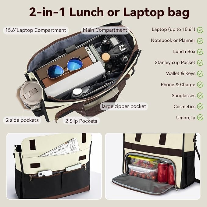 The interior of the insulated lunch bag features a 15.6" laptop compartment, multiple pockets for organization including two side pockets, two slip pockets, and a main compartment filled with various items like sunglasses, a lunch box, and a water bottle. The exterior shows the bag's contrasting cream and dark brown colors.
