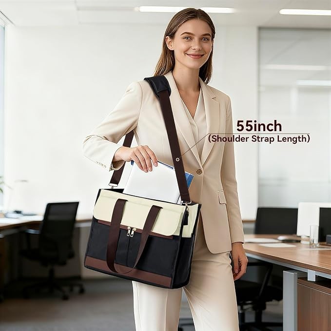 A woman dressed in a light suit holds an insulated lunch bag in versatile colors, featuring a cream top flap and dark bottom with brown straps, while a laptop is visible inside. The shoulder strap length is indicated as 55 inches.