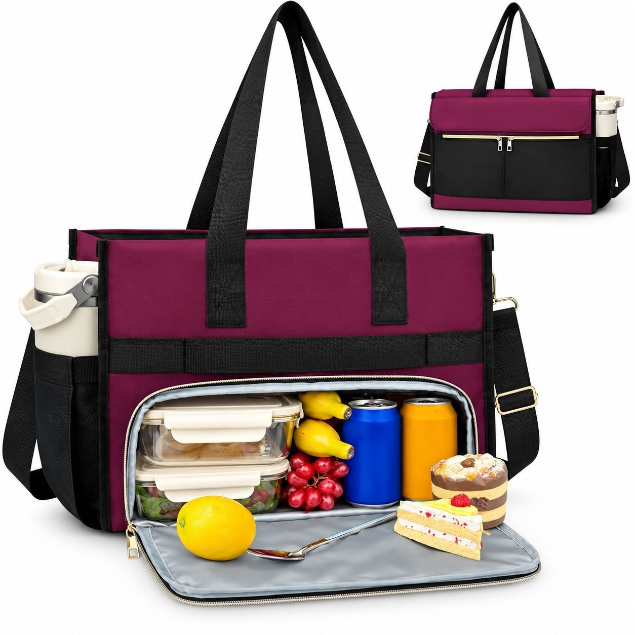 A black and purple insulated lunch bag featuring a spacious cooler compartment with various food items, including fruit, drinks, and desserts, visible inside. The bag has dual handles and a sleek design suitable for carrying a laptop, along with a front zippered pocket.
