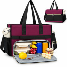 A black and purple insulated lunch bag featuring a spacious cooler compartment with various food items, including fruit, drinks, and desserts, visible inside. The bag has dual handles and a sleek design suitable for carrying a laptop, along with a front zippered pocket.