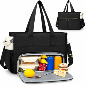 The black insulated lunch bag features a spacious cooler compartment visible at the front, filled with food containers, beverages, a dessert, and fruits, showcasing its leak-proof design. Sturdy handles and a shoulder strap add to its versatility and ease of use.