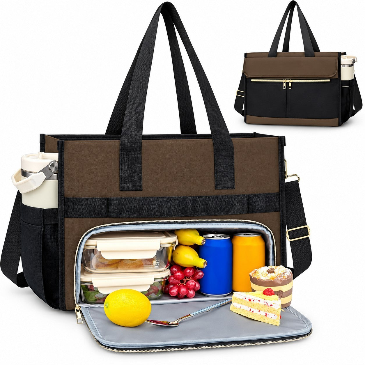 Stylish insulated lunch bag featuring a mix of black and brown materials, with a zippered compartment revealing colorful food storage containers, fruits, and a dessert. The bag includes padded handles and a side pocket for a drink.