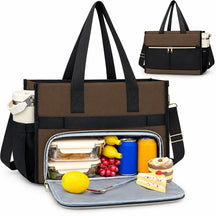 Stylish insulated lunch bag featuring a mix of black and brown materials, with a zippered compartment revealing colorful food storage containers, fruits, and a dessert. The bag includes padded handles and a side pocket for a drink.