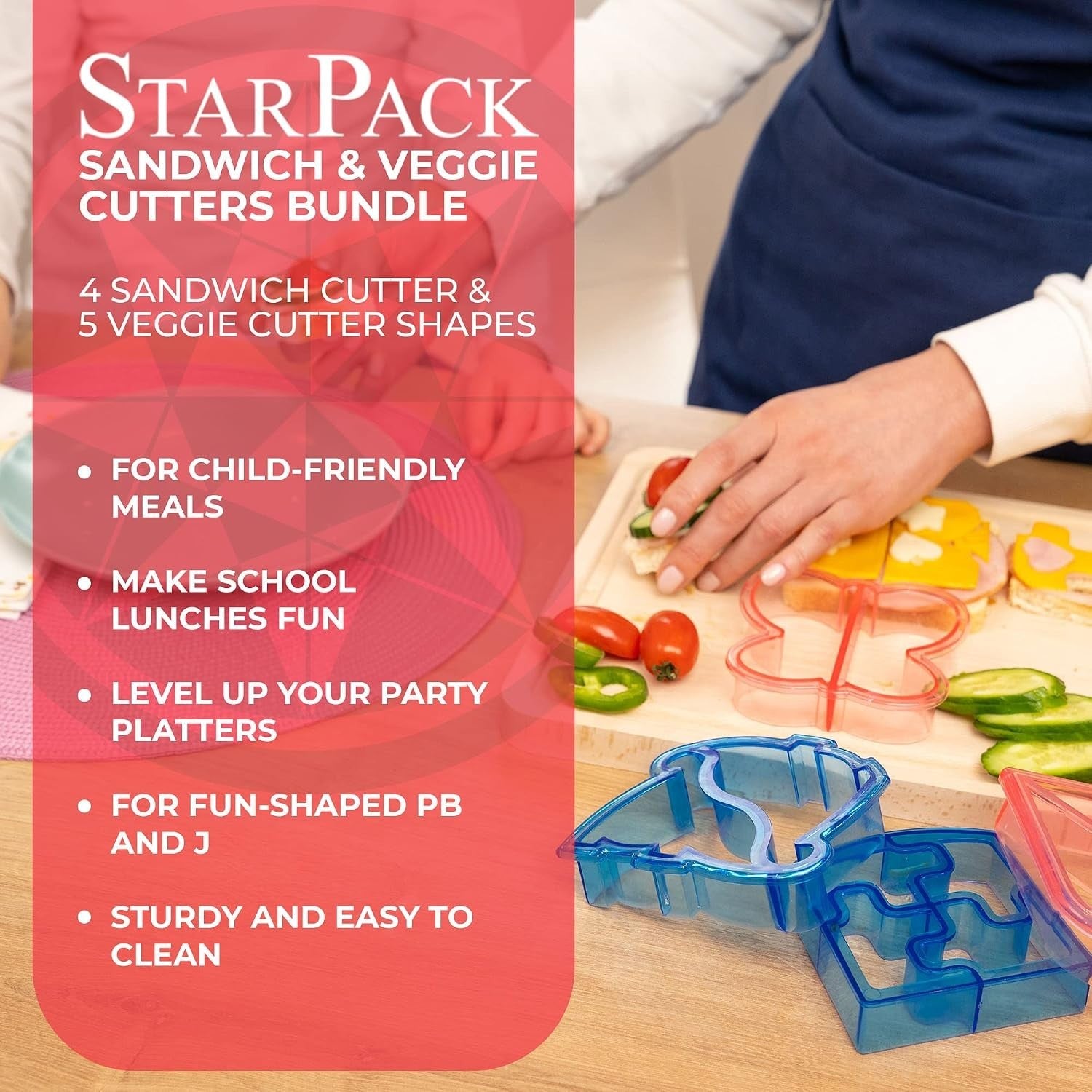 Colorful sandwich and veggie cutters in various shapes, with a hand using the cutters on sandwich ingredients like tomatoes and cucumbers on a wooden cutting board. The background features a pink plate and an apron-clad person, adding a cheerful cooking atmosphere.