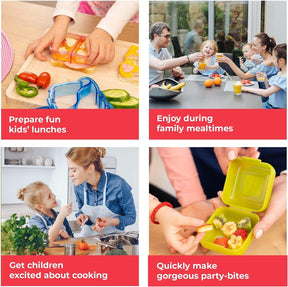 A child is using a blue star-shaped sandwich cutter on a slice of bread layered with cheese and veggies, while colorful cherry tomatoes and cucumber slices are nearby on a wooden cutting board. Family members are seen enjoying a meal at a table in the background.