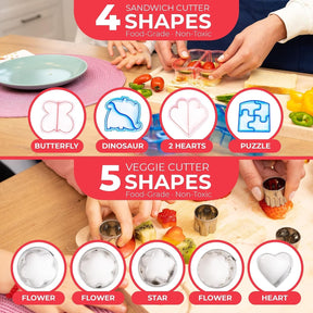 The image displays a 4-piece sandwich cutter set for kids featuring shapes like a butterfly, dinosaur, two hearts, and a puzzle at the top, and a 5-piece veggie cutter set with flower, star, and heart shapes at the bottom. Hands are shown using the cutters on vegetables and fruits placed on a wooden surface.