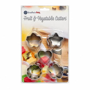 Set of four metal sandwich, fruit, and vegetable cutters in fun shapes: star, heart, and flower. The cutters are displayed in clear packaging with a colorful background featuring various fruits.