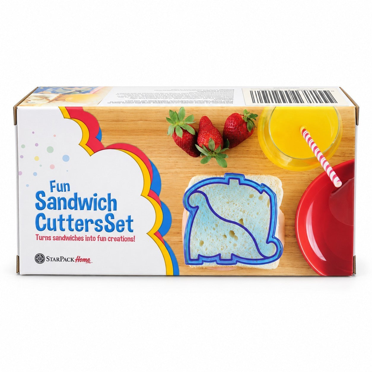 The packaging features a vibrant design with a blue dinosaur-shaped sandwich cutter placed on a slice of pale bread alongside fresh strawberries and a yellow drink with a striped straw, all set against a wooden background.
