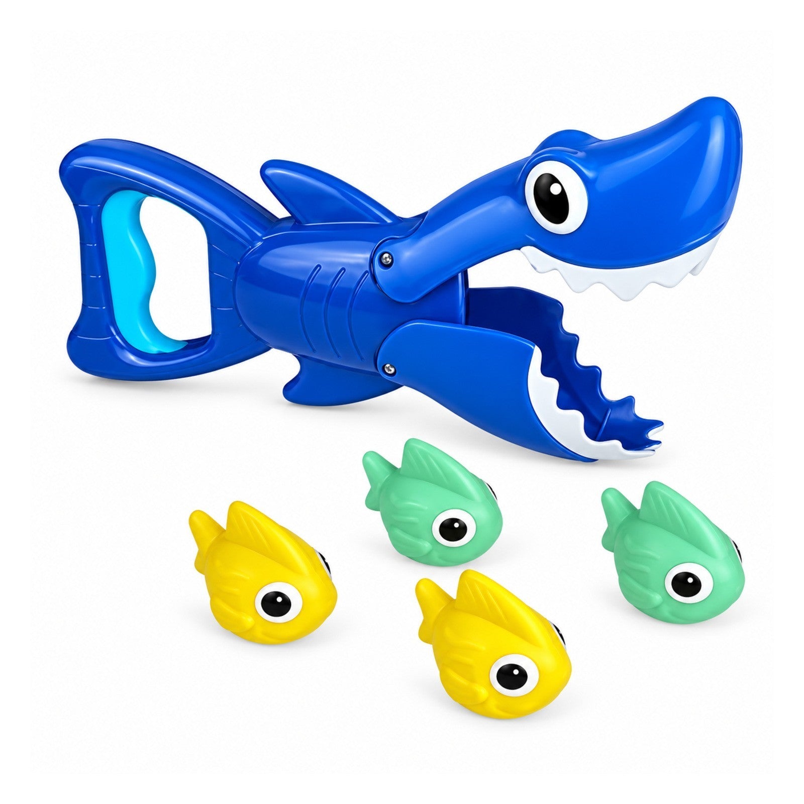 The image features a blue shark-shaped grabber toy with a handle and wide mouth, alongside two green fish and one yellow fish, all made of vibrant plastic. The fish have large, cartoonish eyes, enhancing their playful appearance.