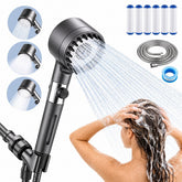 Handheld shower head with a sleek black finish, featuring a round head and three spray modes, is shown in use above a person washing their hair. Included are six water filters, a flexible hose, and a blue sealing tape.