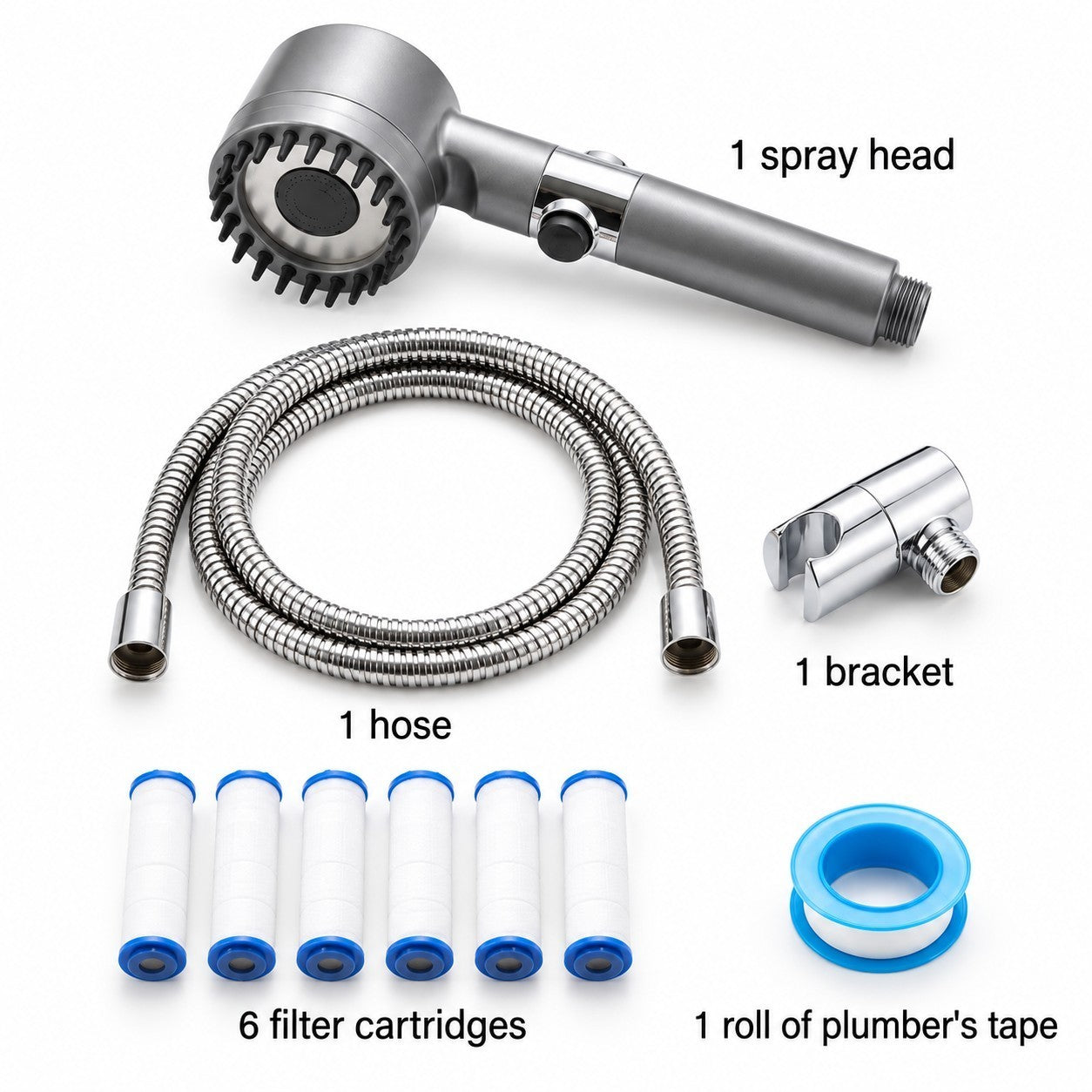 The image displays the NUAN Filtered Handheld Shower Head Set components, including a metallic spray head, a flexible silver hose, six filter cartridges with blue caps, a chrome bracket, and a roll of plumber's tape. The set is arranged neatly, showcasing each part clearly.