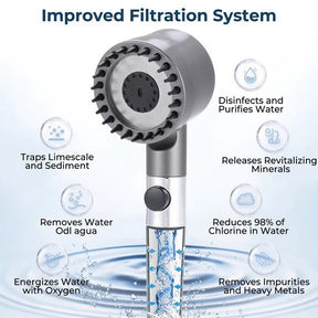 Handheld shower head with a dark gray nozzle, silver handle, and water depicted flowing through it, surrounded by icons representing filtration benefits such as removing impurities, disinfecting, and energizing water with oxygen.