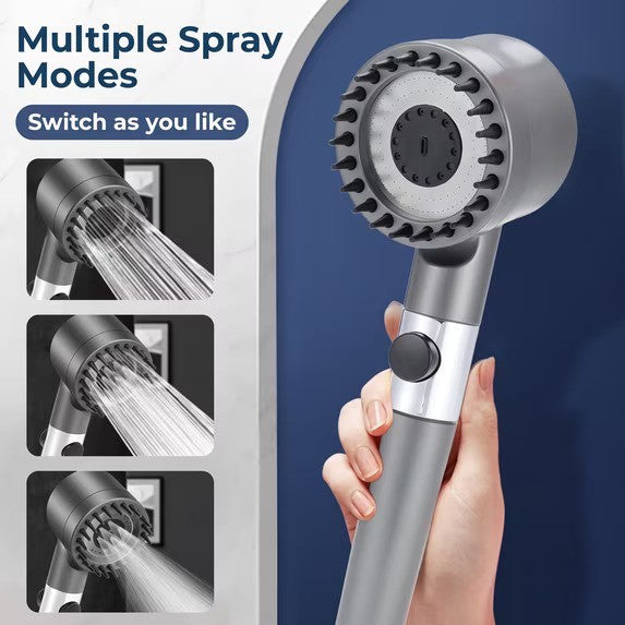 Handheld shower head in a sleek design with multiple spray modes, featuring a textured grip and a button for easy adjustment, held by a hand.