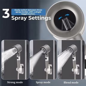 Three spray settings are shown on this handheld shower head set: strong mode, spray mode, and blend mode, with images depicting water flow from each setting. A toggle button for switching between modes is visible near the top of the shower head.