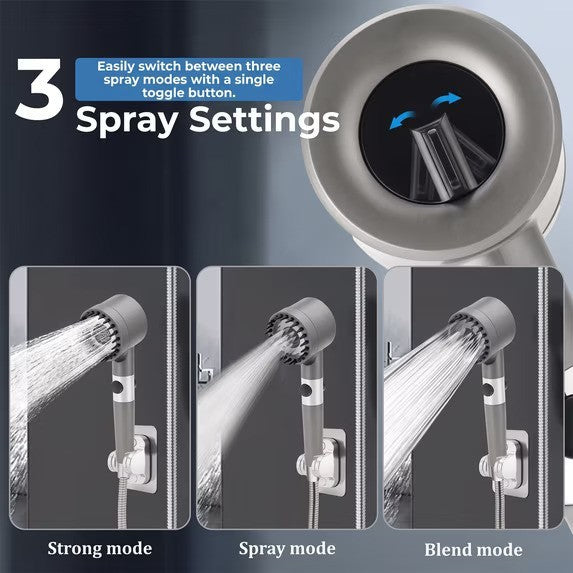 Three spray settings are shown on this handheld shower head set: strong mode, spray mode, and blend mode, with images depicting water flow from each setting. A toggle button for switching between modes is visible near the top of the shower head.