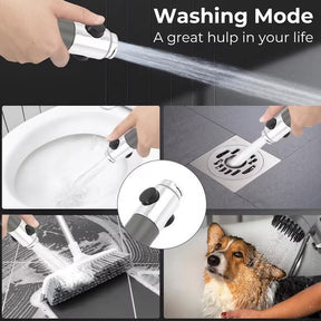 The image showcases the NUAN Filtered Handheld Shower Head in use across different washing scenarios, featuring a hand holding the shower head while spraying water at a toilet bowl, drain, and cleaning a brush, along with a dog being groomed. The text “Washing Mode” is displayed prominently at the top.