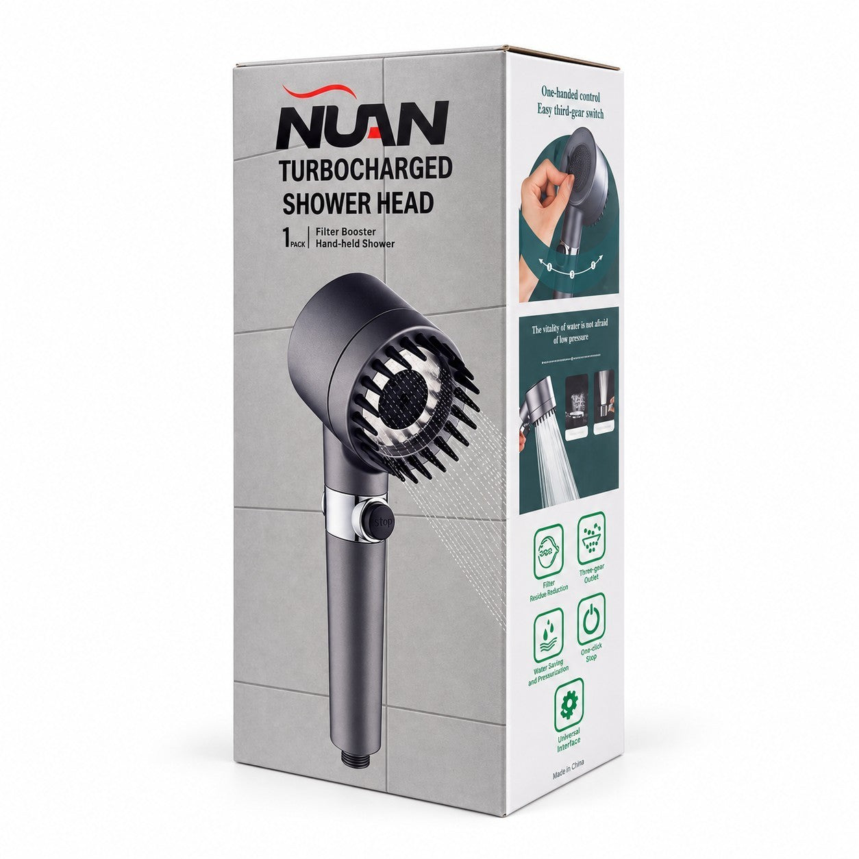 The boxed NUAN Turbocharged Shower Head features a sleek black design with a textured head for enhanced filtration and a streamlined handle with a stop button for water control. The packaging displays various icons indicating its features, including three spray modes and easy operation.
