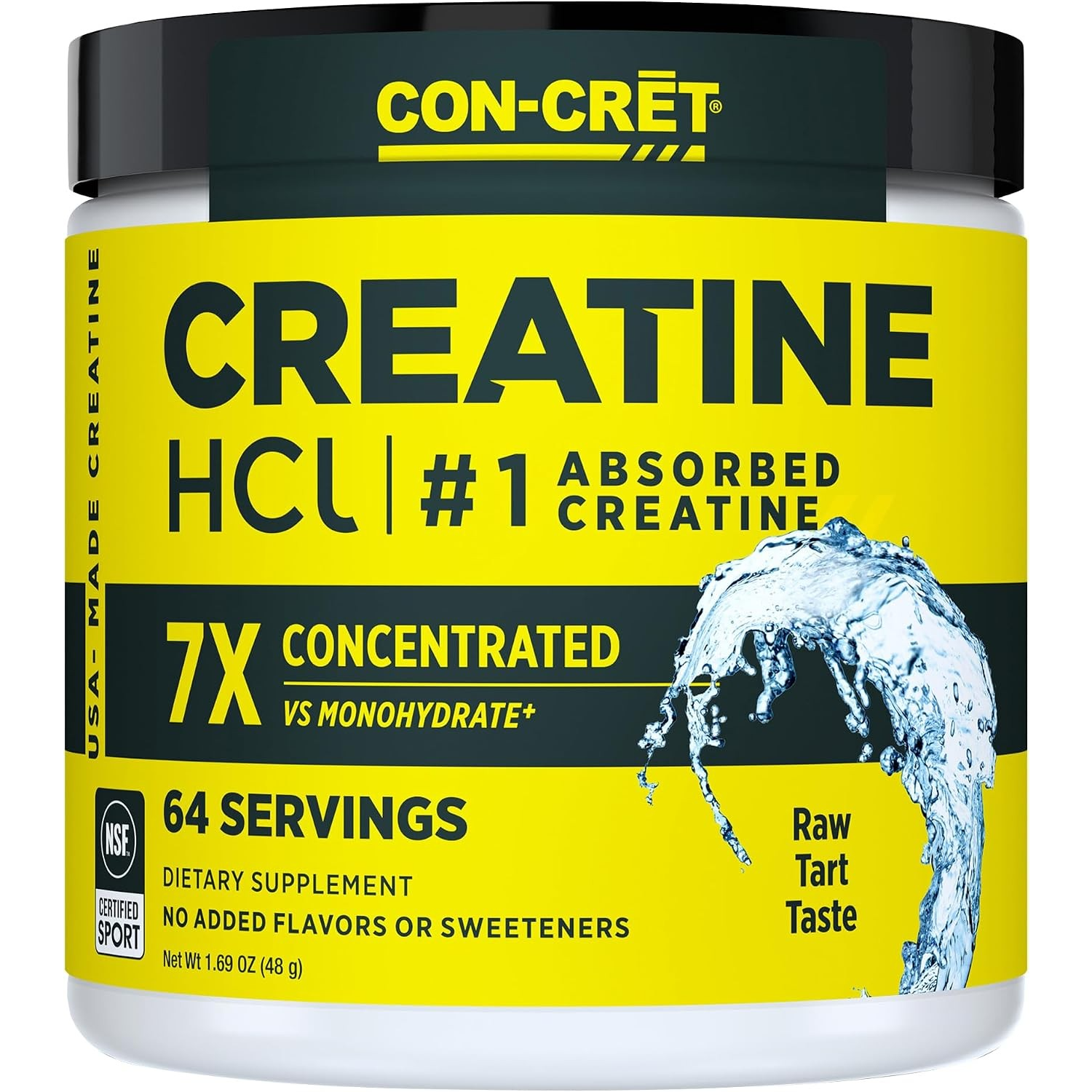 Clear container of CON-CRĒT Creatine HCl Powder with a yellow and black label, featuring bold text highlighting "CREATINE," "7X CONCENTRATED," and "RAW TART TASTE." The design includes a water splash graphic and indicates 64 servings.