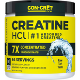 Clear container of CON-CRĒT Creatine HCl Powder with a yellow and black label, featuring bold text highlighting "CREATINE," "7X CONCENTRATED," and "RAW TART TASTE." The design includes a water splash graphic and indicates 64 servings.