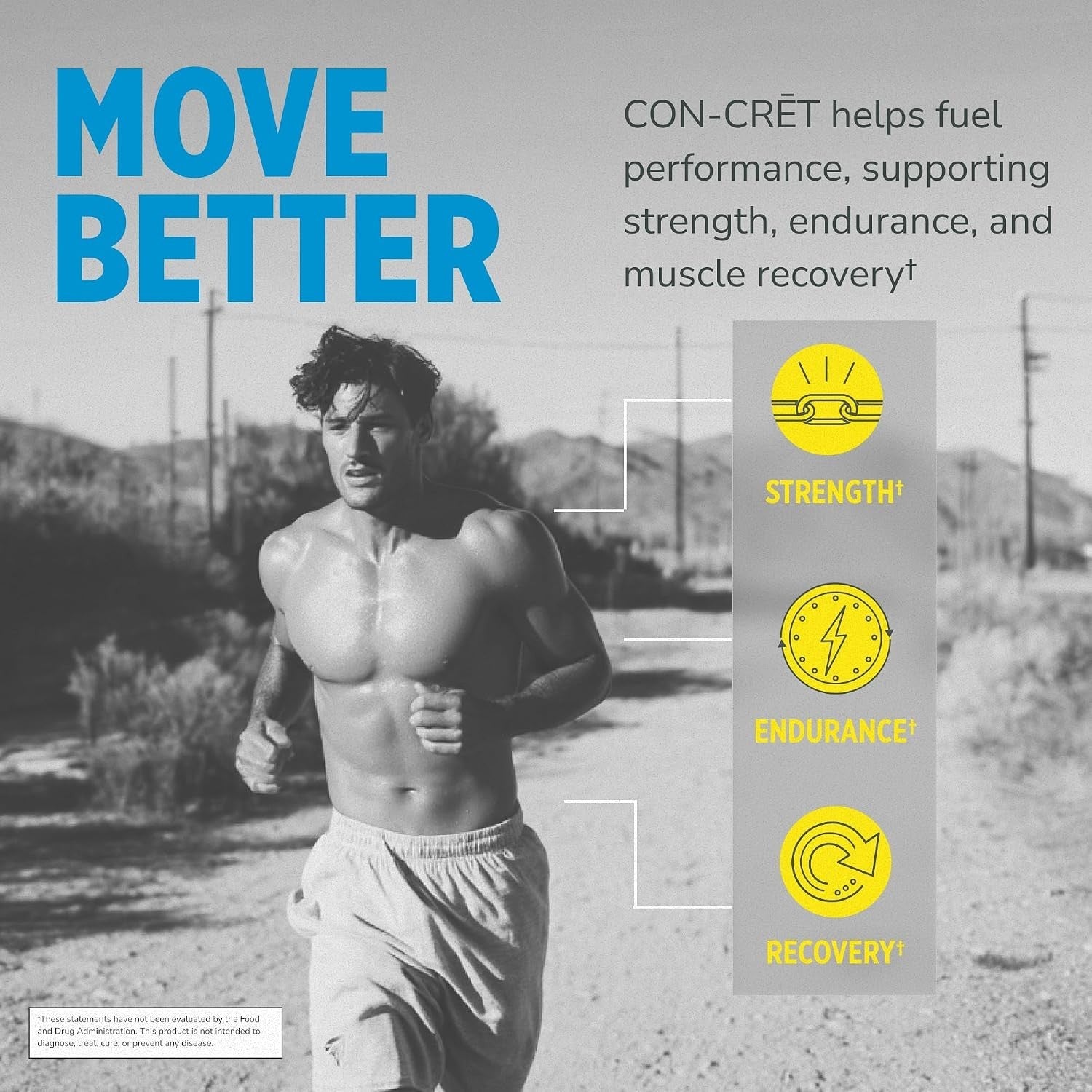 A shirtless male runner is jogging on a dirt road, surrounded by a desert landscape. Bold text at the top reads "MOVE BETTER," and icons highlighting "STRENGTH," "ENDURANCE," and "RECOVERY" are displayed on the right.