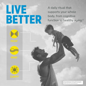 A man holds a young child in the air against a cloudy sky, conveying a joyful moment. Accompanying text emphasizes concepts of focus, mood, and clarity for a healthy lifestyle.