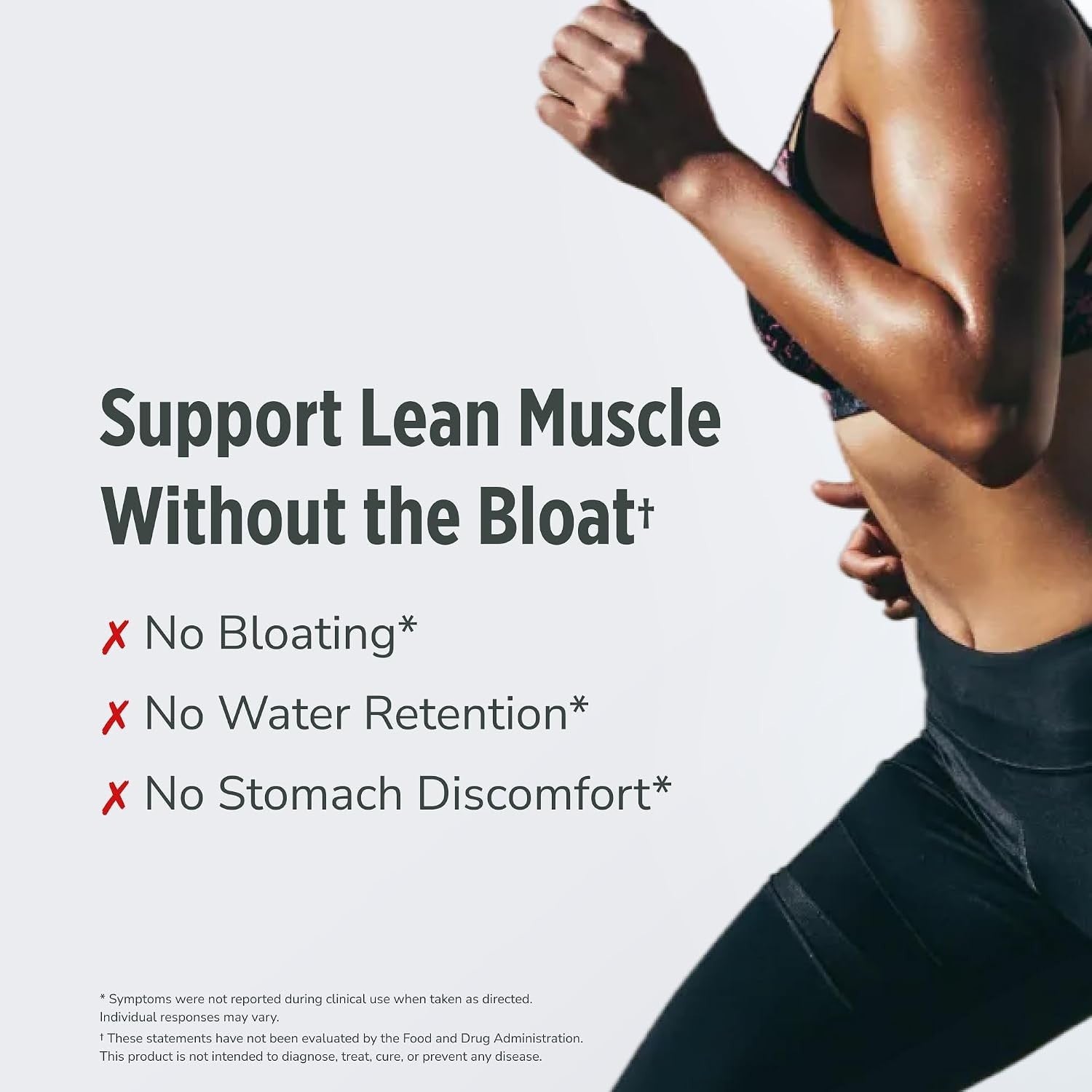 A woman is shown running, highlighting her toned muscles and athletic wear, alongside text promoting the benefits of supporting lean muscle without bloating, water retention, or stomach discomfort.