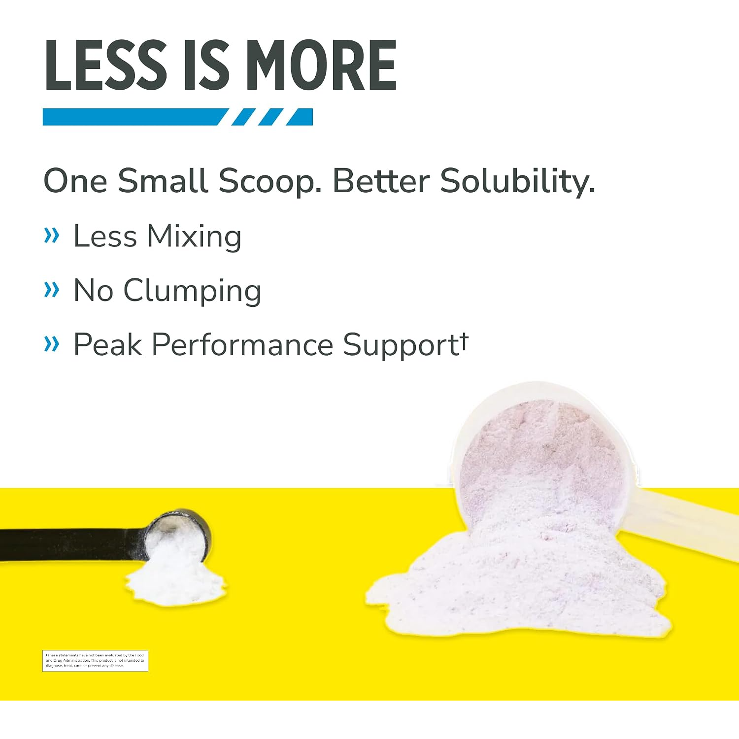 A black scoop and a white scoop filled with white powder, placed on a bright yellow background, along with text highlighting the benefits of using a small scoop for better solubility and performance support.