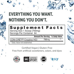 Label displaying the supplement facts for CON-CRĒT Creatine HCl Powder, highlighting serving size and amount per serving, with a backdrop of water droplets and text indicating certifications and quality assurances.