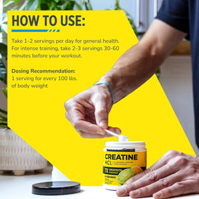 A hand is using a scoop to measure out powder from a white container labeled "CREATINE HCl" with a bright yellow background, while sitting on a countertop with leafy plants in the background. The image also features text that provides usage instructions for the creatine supplement.