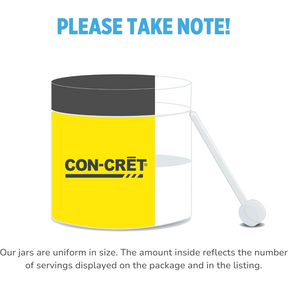 Clear container with a black lid displaying a bright yellow label featuring the brand name "CON-CRĒT." A white scoop is attached to the side for easy use.