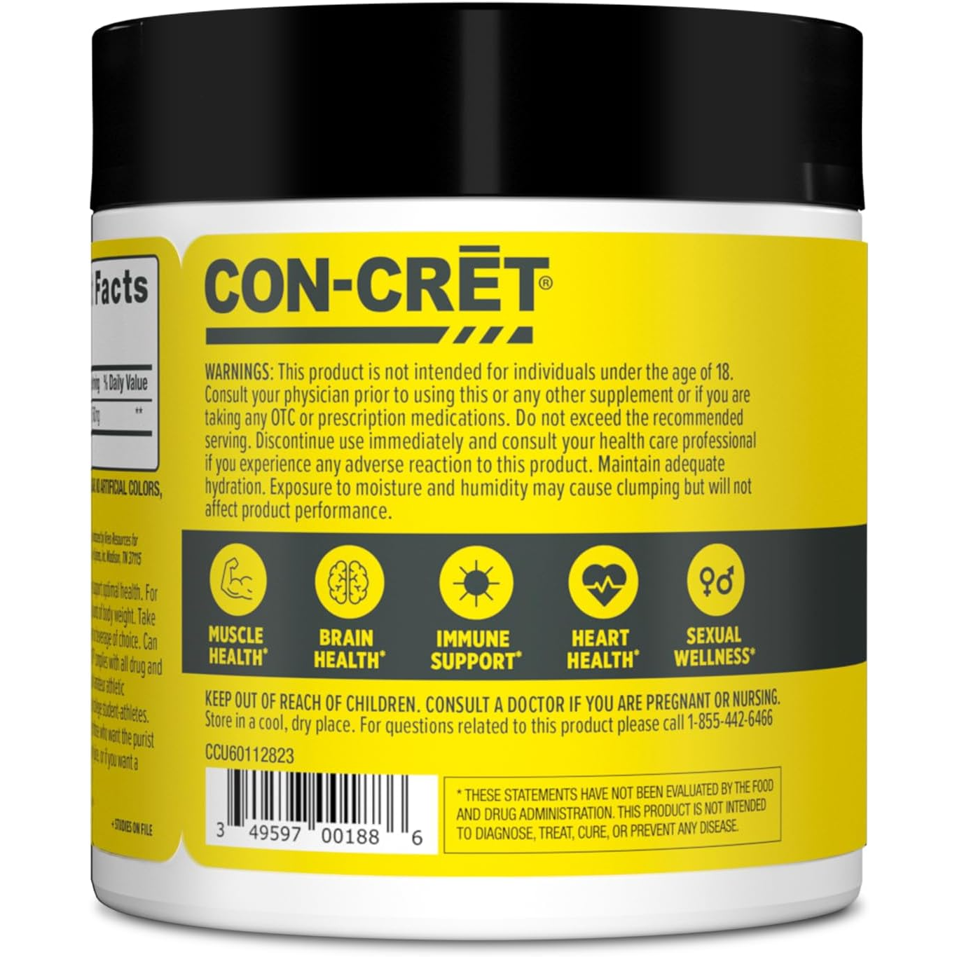 The container features a black lid and a bright yellow label with the brand name "CON-CRĒT" prominently displayed. The label includes various health support icons and warnings, along with a barcode at the bottom.