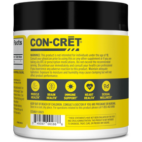The container features a black lid and a bright yellow label with the brand name "CON-CRĒT" prominently displayed. The label includes various health support icons and warnings, along with a barcode at the bottom.