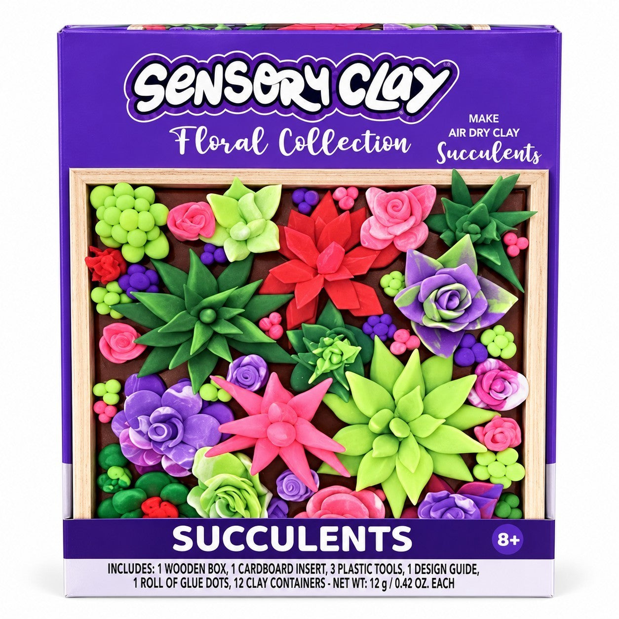 The vibrant Sensory Clay Floral Collection features a variety of colorful clay succulents in shades of green, pink, purple, and red, arranged in a wooden box with a cardboard insert. The packaging displays the product name prominently at the bottom.