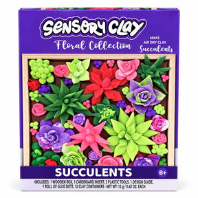 The vibrant Sensory Clay Floral Collection features a variety of colorful clay succulents in shades of green, pink, purple, and red, arranged in a wooden box with a cardboard insert. The packaging displays the product name prominently at the bottom.