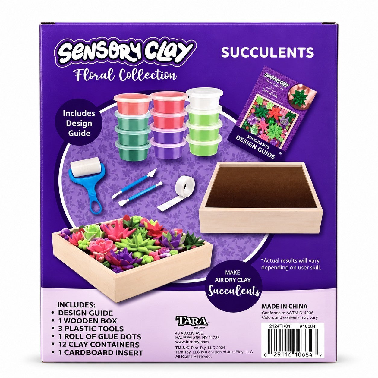 Colorful, air-dry clay containers in pink, green, and purple are displayed alongside crafting tools, a wooden box, and a design guide for creating succulents. The background features a floral pattern and highlights the contents included in the Sensory Clay Floral Collection.