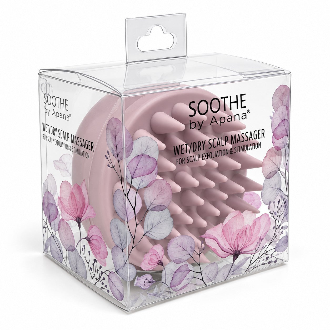 Pink scalp massager featuring soft, rounded bristles housed in a transparent box adorned with floral designs. The packaging highlights the product name and its purpose for scalp exfoliation and stimulation.