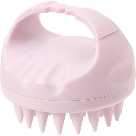The scalp massager features a rounded, pink design with a comfortable handle and soft silicone bristles on the underside for gentle stimulation. Its compact size and ergonomic shape make it easy to hold and use.