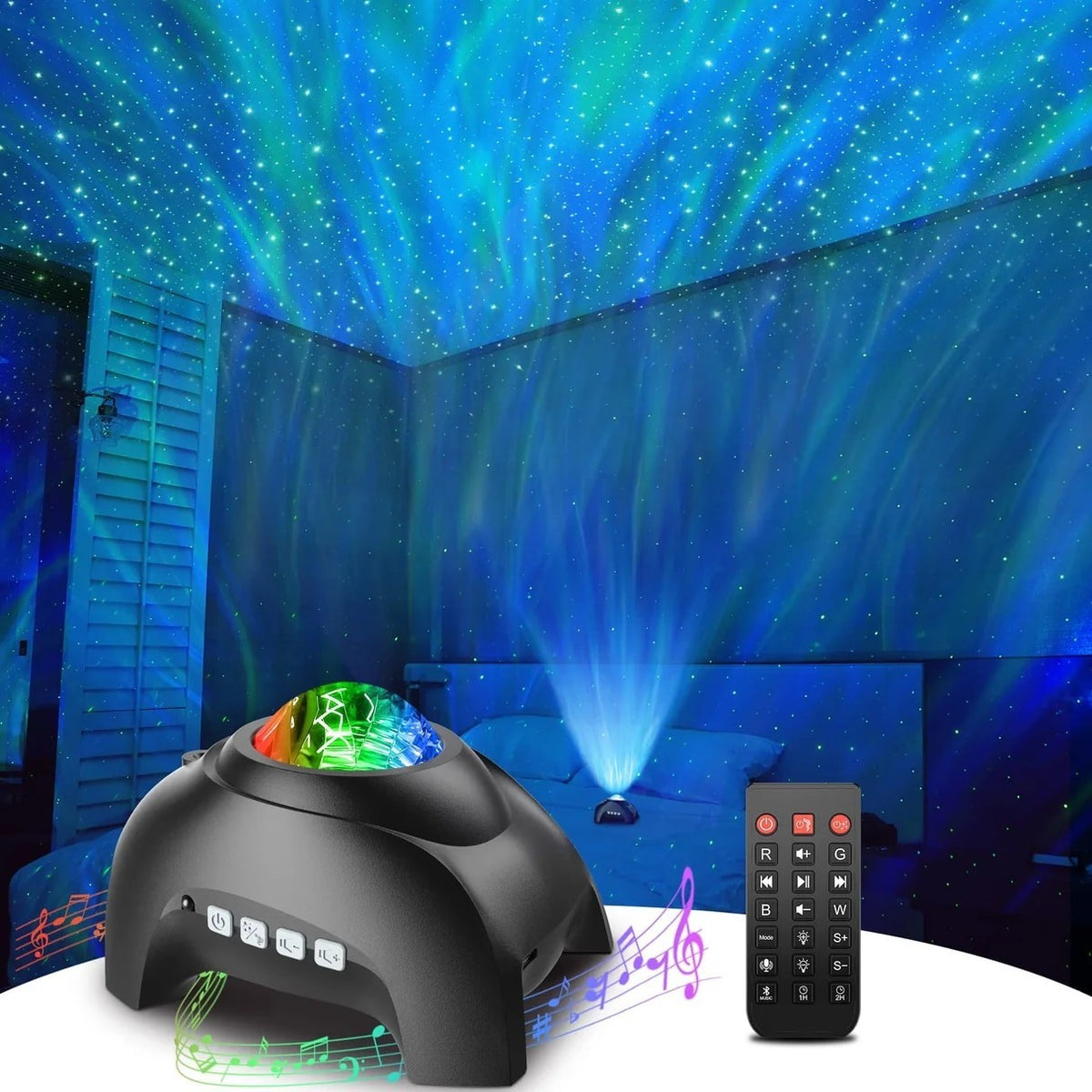 A black star projector with a multi-colored light display projects onto a ceiling, creating a swirling night sky effect in shades of blue and green. A remote control is positioned next to the projector on a surface, with musical notes illustrated around it.