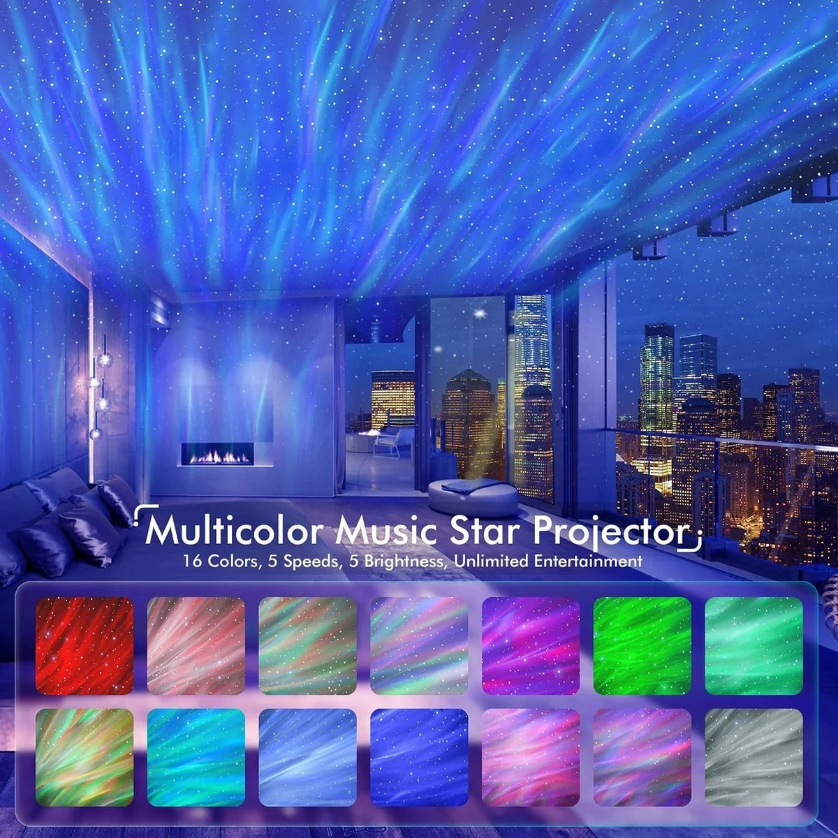 The room features a ceiling illuminated with swirling blue and green lights resembling a starry sky, while a collection of color swatches at the bottom showcases the 16 different colors available. The modern, cozy space includes a sleek couch and a bright city skyline visible through large windows.