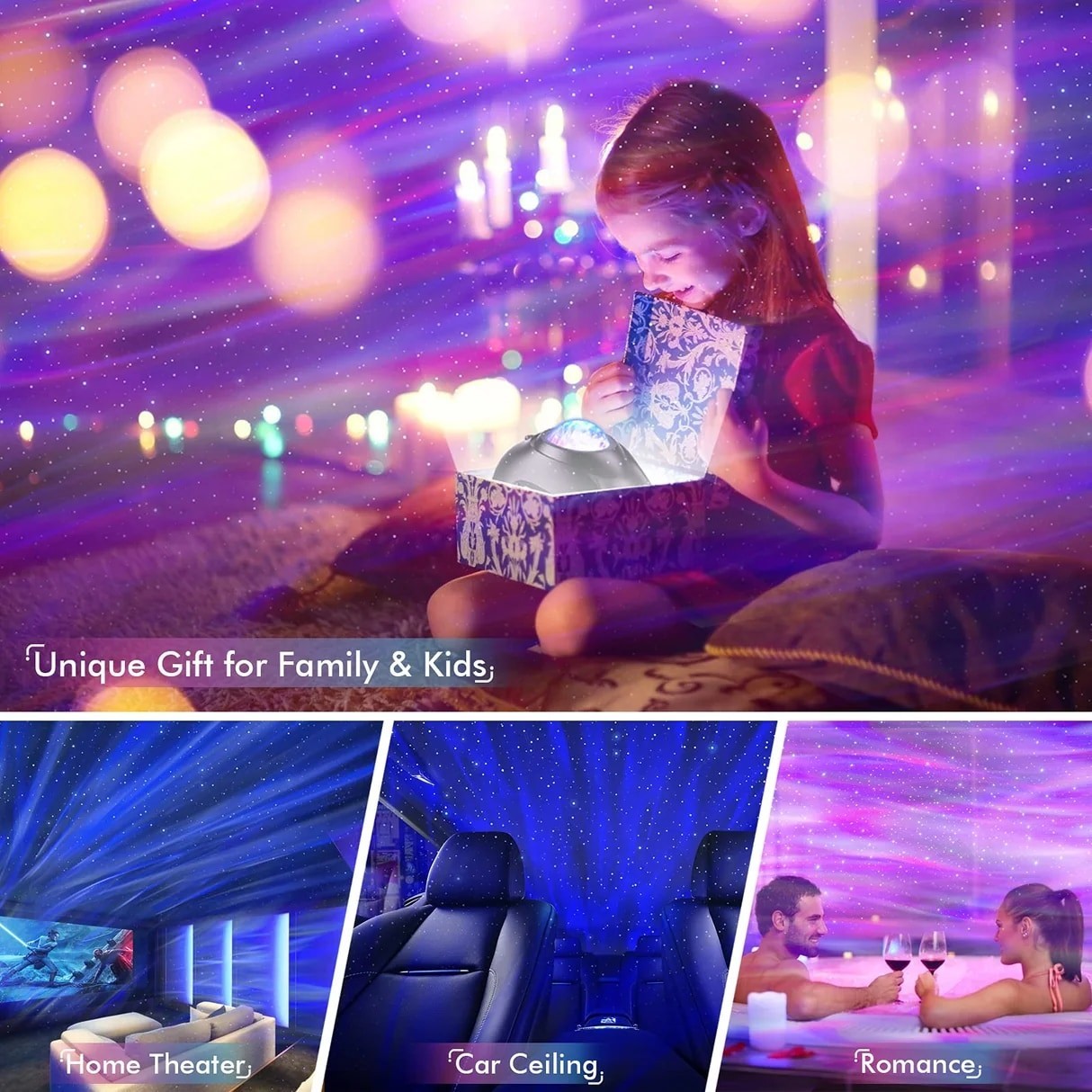 A child excitedly opens a decorative box revealing the Rossetta Star Projector, surrounded by colorful ambient lighting and soft pillows. Below, three settings showcase its use: a home theater, a car ceiling, and a romantic dinner scene.