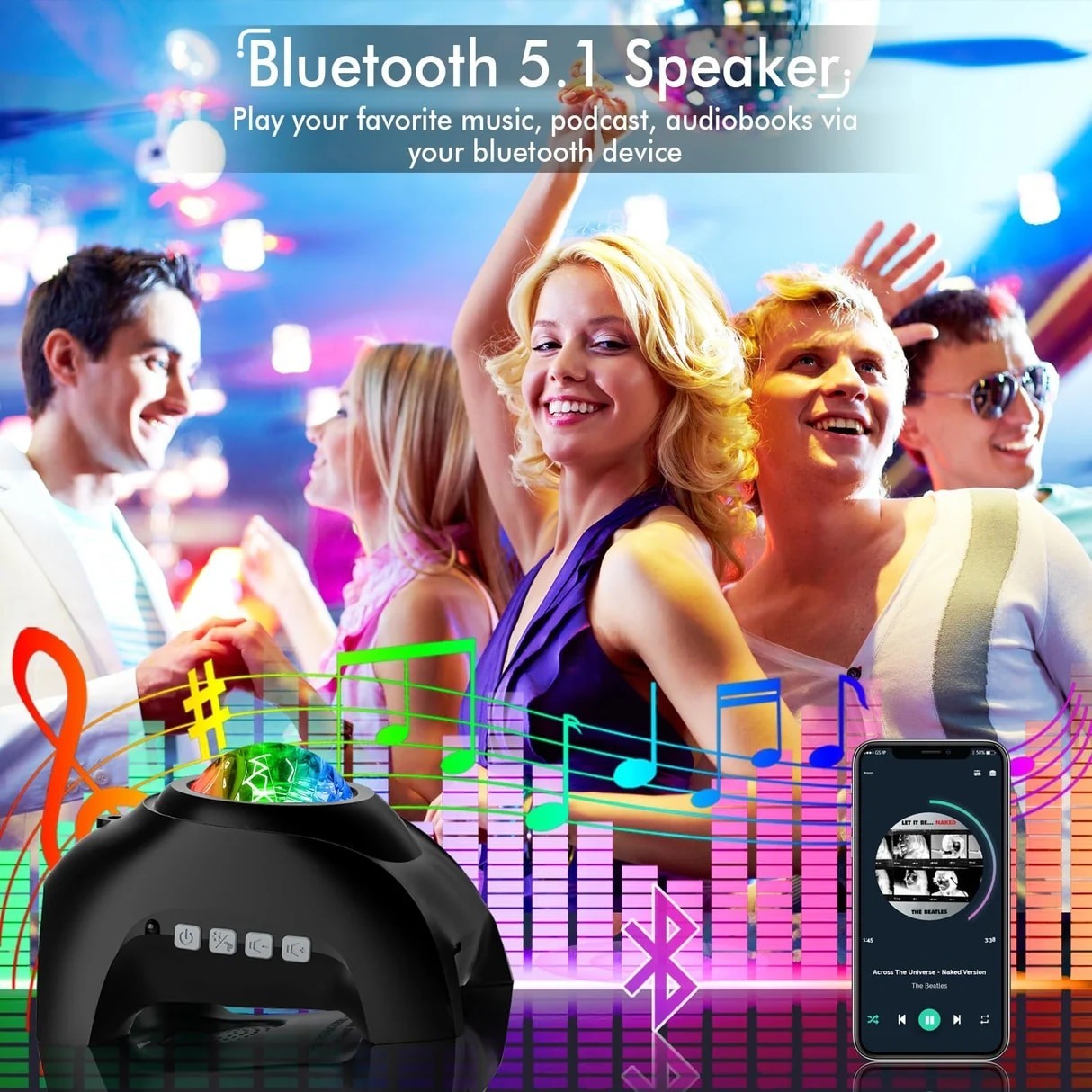 The black Rossetta Star Projector features a colorful dome emitting vibrant light patterns, surrounded by visual representations of music notes and sound waves. In the background, a group of people enjoy a lively atmosphere, with a smartphone displaying a music app connected via Bluetooth.