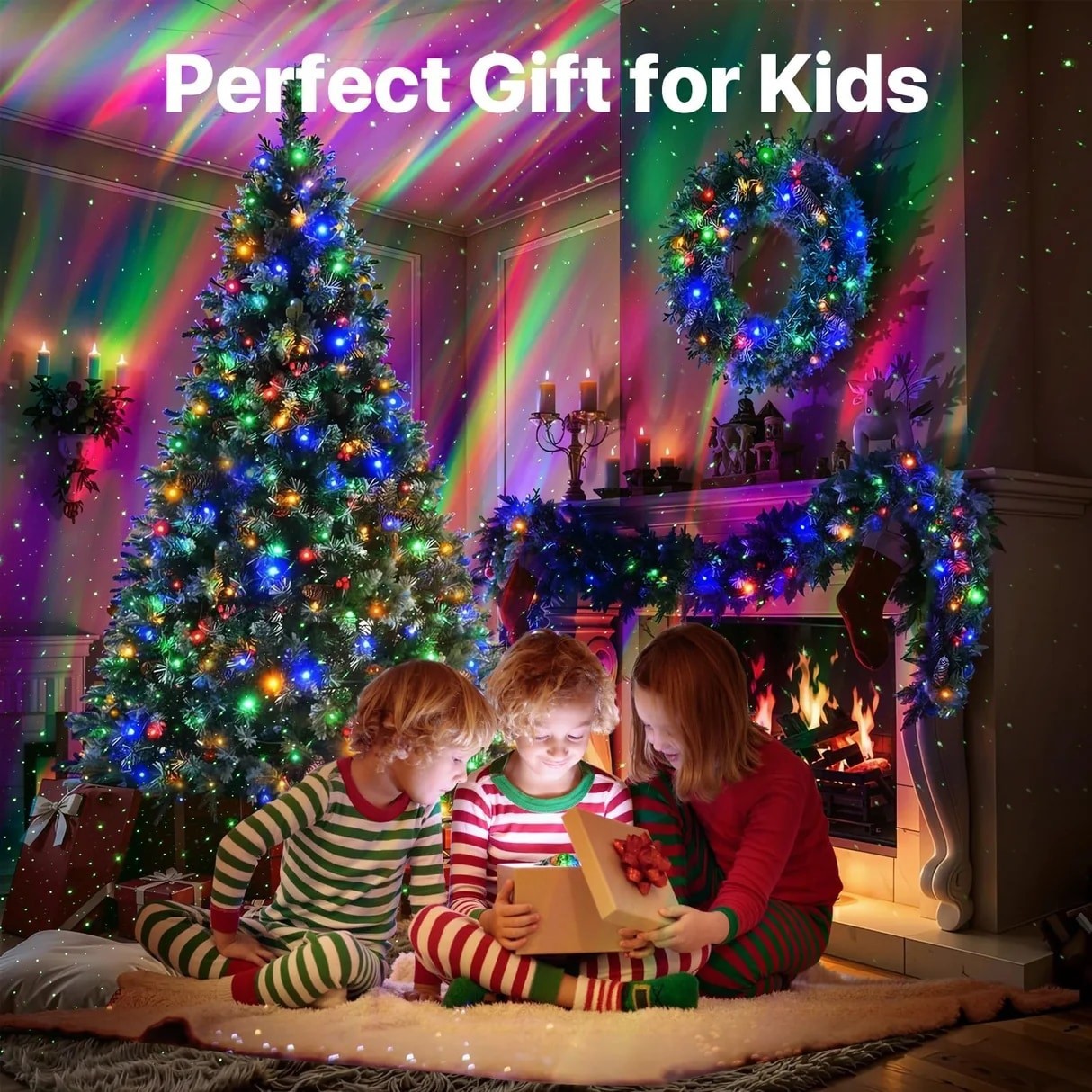 Three children in festive striped pajamas gather around a gift in a cozy, decorated living room with a brightly lit Christmas tree and a roaring fireplace. Colorful light patterns illuminate the room, creating a magical atmosphere perfect for the holiday season.
