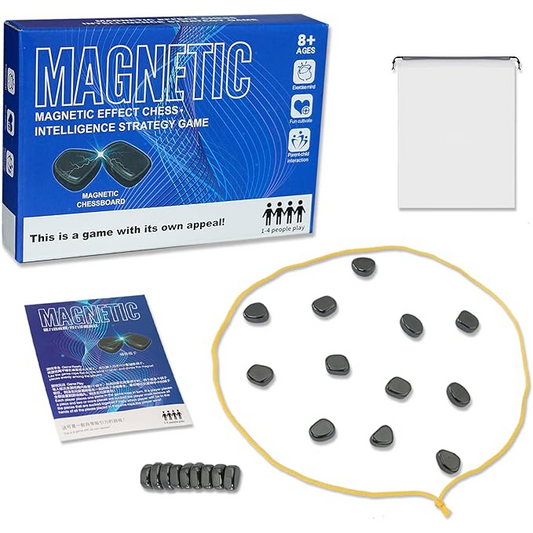 The game features a blue and black box design with the word "MAGNETIC" prominently displayed, alongside magnetic pieces arranged in a circular layout, and a white game board partially visible. The package includes a small booklet and a string to outline the game area.