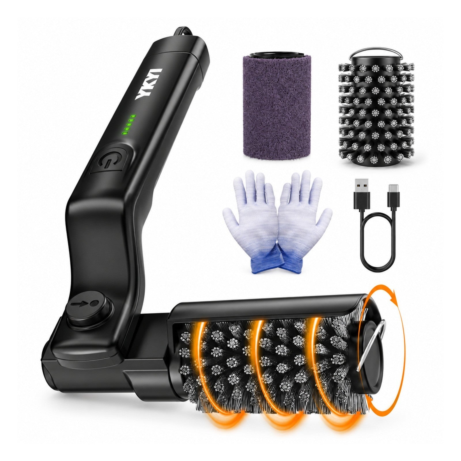 The cordless electric BBQ grill brush features a black ergonomic handle with a power button, a brush head with metal bristles, and glowing accents indicating operation. Included in the image are a cleaning cylinder, a textured purple cleaning pad, a pair of protective gloves, and a USB charging cable.