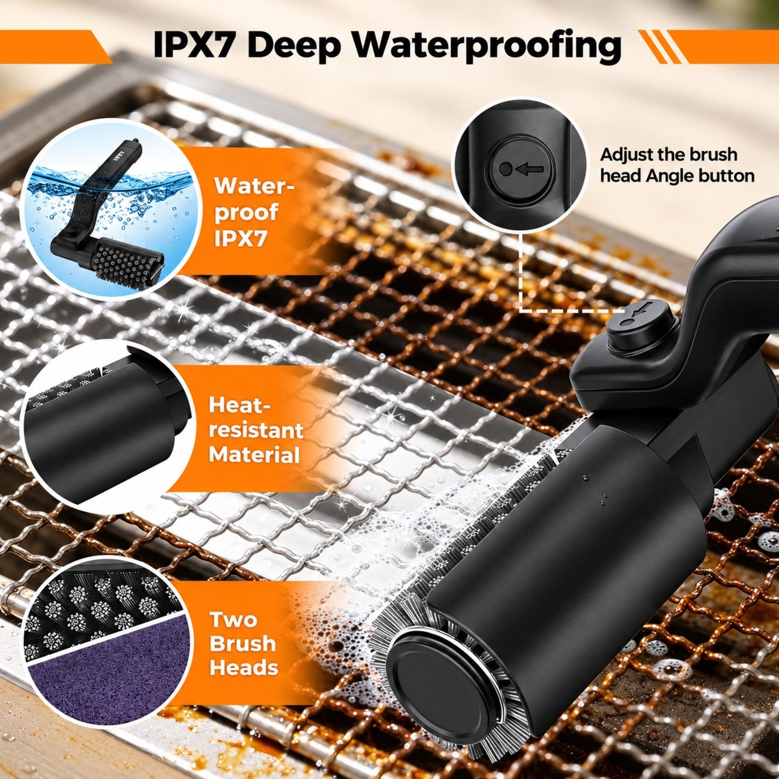 The image highlights the YKYI 2-In-1 Cordless Electric BBQ Grill Brush with a focus on its waterproof feature and heat-resistant material, showing the brush head with two different brush heads and an adjustable angle button against a background of a grill grate.